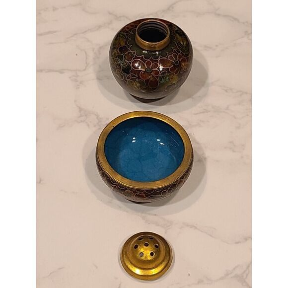 Cloisonné Open Salt Bowl Cellar Pepper Shaker Brown Flower Enamel Brass Stacking - Picture 4 of 8